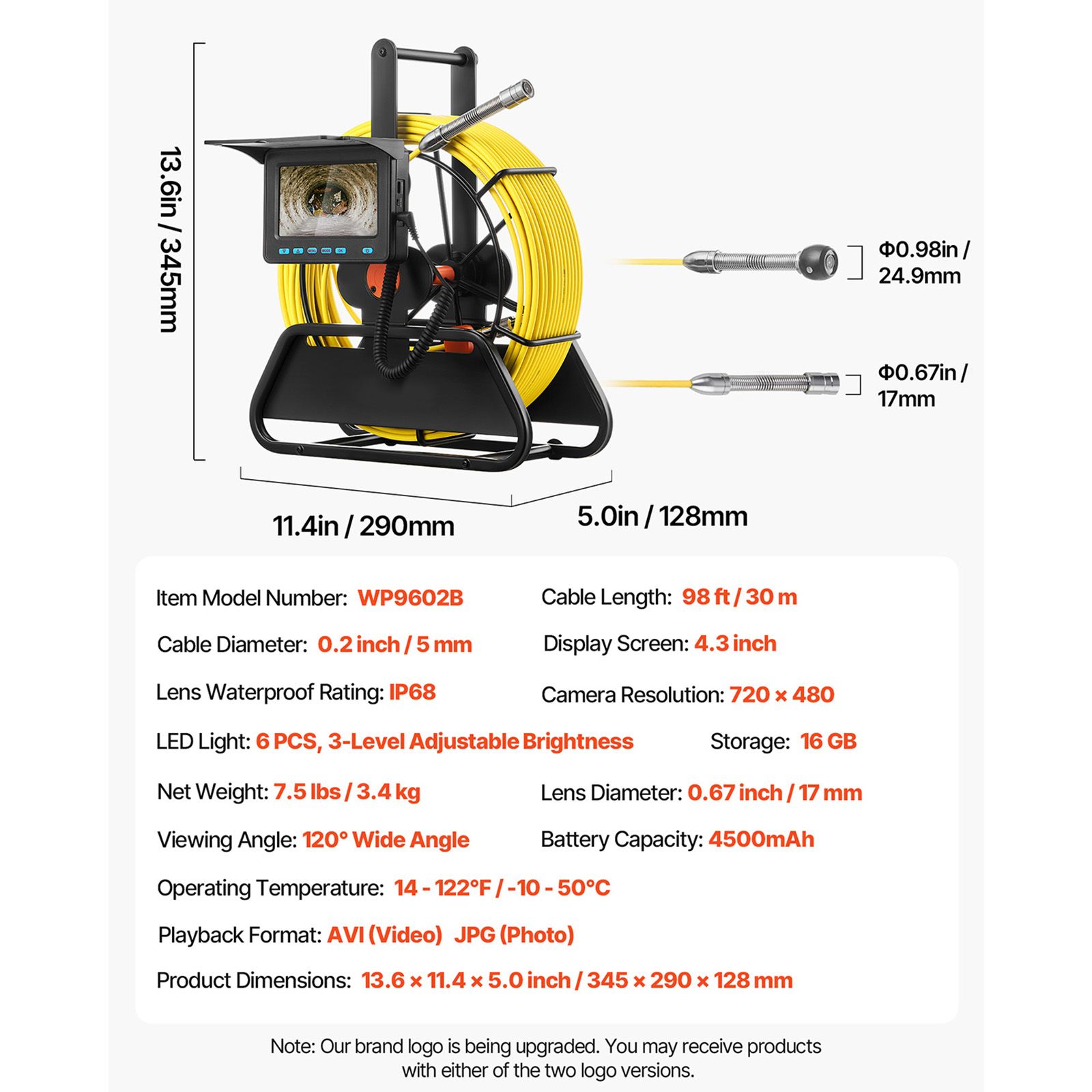 Plumbing Snake Drain - 下水道カメラ、98フィート/30メートル、4.3インチ排水管検査カメラ、IP68防水スネーク型配管カメラ（ライト付き）-6つの調整可能なLED、4500mAhバッテリー＆16GBカード（下水道管路用）