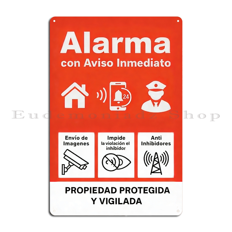 Home Improvement Hardware - レトロ 24 時間警報システムメタルサインプラークヴィンテージスペインセキュリティ装飾アイコン付きレッドホームプレートブリキサインポスター
