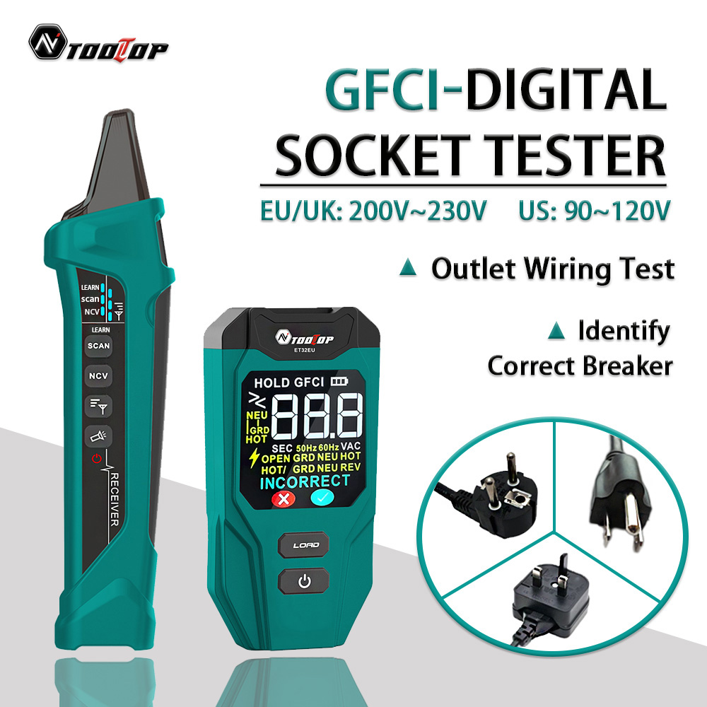 Circuit Breaker Finder - TOOLTOP ET32 デジタルサーキットブレーカーファインダー 中性線/活線検出 GFCIコンセントテスター 米国/EU/英国ソケット電圧測定