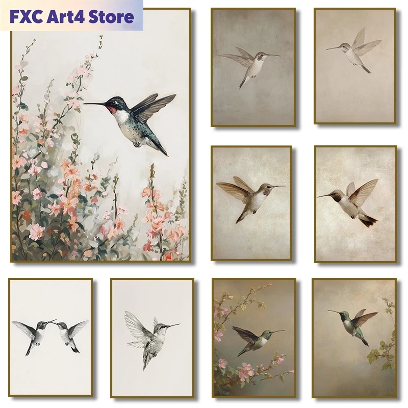 Wall Texture Spray - フレームレスヴィンテージハチドリスケッチ鳥動物描画イラストポスターキャンバス絵画プリント壁アート写真家の装飾