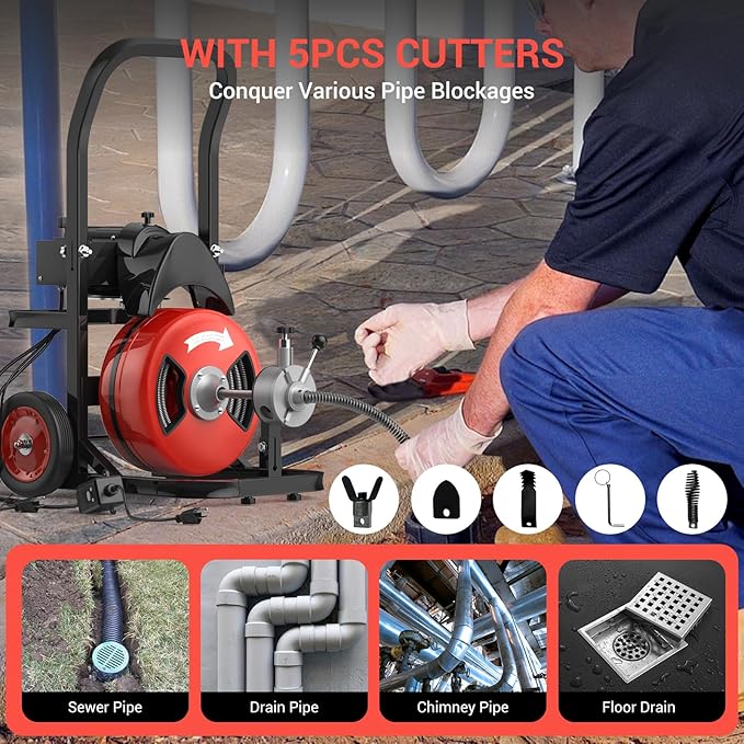 100フィート1/2インチケーブル自動送り式携帯電動排水管ク - Plumbing Snake Drain のレビューと価格